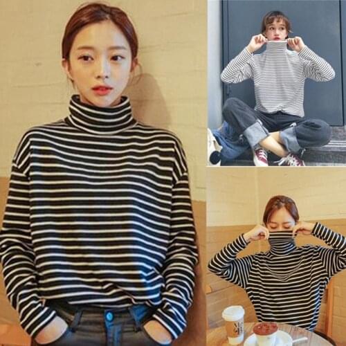 New Womens Long Sleeve Shirt 2019 Womens Jersey Striped Turtleneck Autumn Winter Elegant Ladies Popular clothes korean clothe