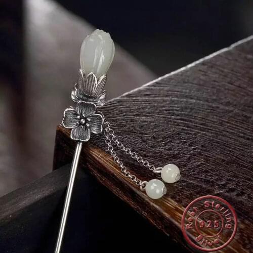 Amxiu Handmade Natural Stone Flower Hair Sticks Vintage Antique Silver Hairpins 925 Sterling Silver Hair Jewelry For Women Gift