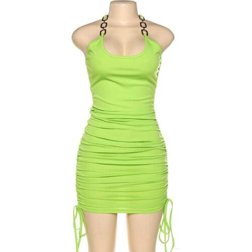 2021 Fashion Summer Dress Neon Green Metal Chain Halter Backless Ruched Bodycon Mini Dress Sexy Club Dresses
