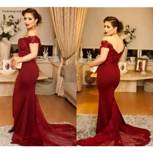 2019 Cheap Burgundy Evening Dress Mermaid Off Shoulder Long Backless Formal Holidays Wear Graduation Party Gown Custom Made