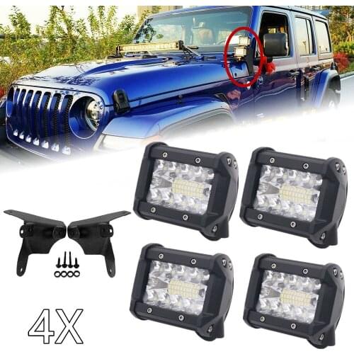 4pcs 60W 4 Inch LED Light Pod + A-Pillar Dual Mounting Bracket For Jeep Wrangler JL 2018 2019 2020