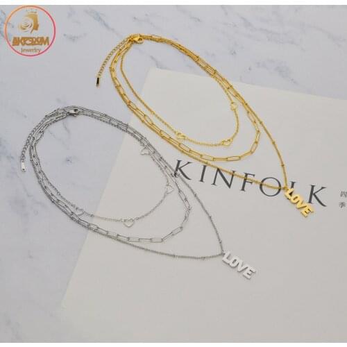Akizoom Fashion Three Layer LOVE Necklace Stainless Steel Choker Pendant Necklace for Women Charm Jewelry Birthday Party Gift