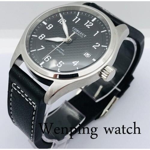 Corgeut 40mm Mens Top Luxury Watch Black Dial Date Leather Strap NH35A Movement Luminous Waterproof Mens Automatic Watch