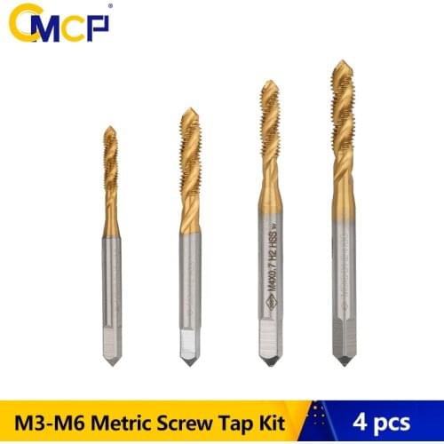 CMCP 4pcs Spiral Pointed Taps Set M3 M4 M5 M6 HSS Tapping Thread Forming Tap Drill Bits TiN Coated Metric Screw Tap Kit