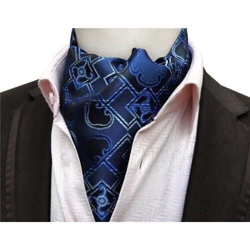 Designers Men Ascot Blue Geometric Pattern Cravat Neck Ties to Match Dress Shirt