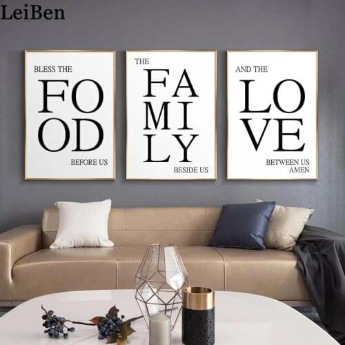 Food Love Family Quotes Poster Black and White Interior Canvas Painting Wall Art Picture for Living Room Home Cuadros Decoration