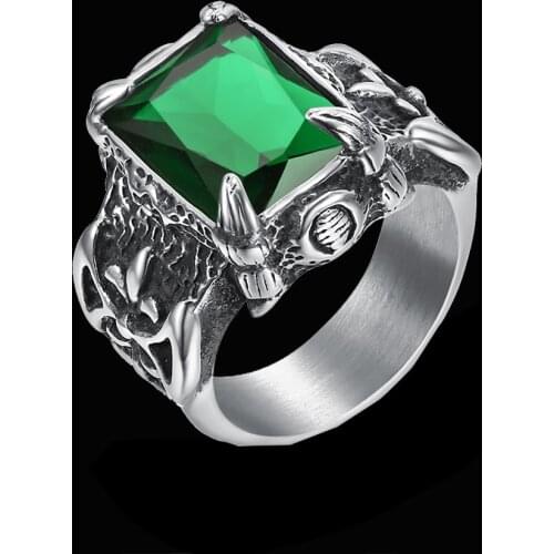 Vintage Nordic Viking Dragon Claw Ring With Green Black Red Stone Crystal Stainless Steel Punk Rock Rings Big Size