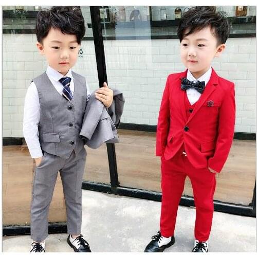 Red/gray 3Pcs Black Toddler Boys Suits Wedding Formal Children blazers Suit Tuxedo Party clothes jacket+vest+pant