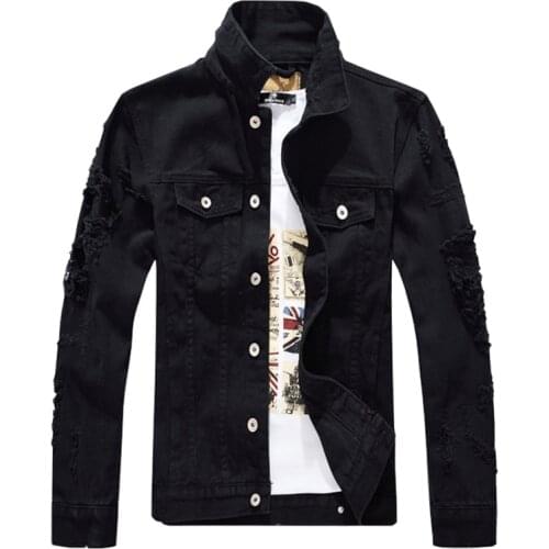 Sokotoo Mens black holes ripped jean jacket Casual long sleeve denim coat Outerwear