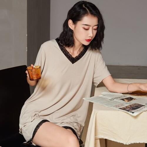 Modal Pajamas For Women Sexy V Neck Lace Sleepwear Set Comfortable Ladies Nightwear Pyjamas Suit Outside Wear Pijama De Mujer