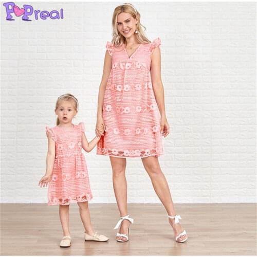 PopReal Summer Fashion Lace Family Matching Outfits Family Dress Mom And Daughter Skirt Mother Kids Dress Flying Sleeves V-neck