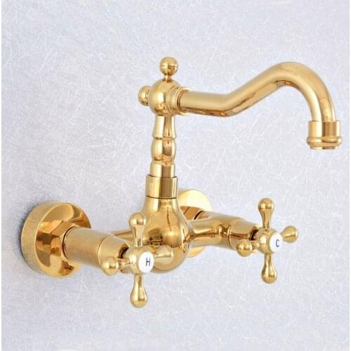 Luxury Gold Brass Wall Mounted Bathroom Kitchen Sink Faucet Swivel Spout Mixer Tap Dual Cross Handles Basin Water Tap