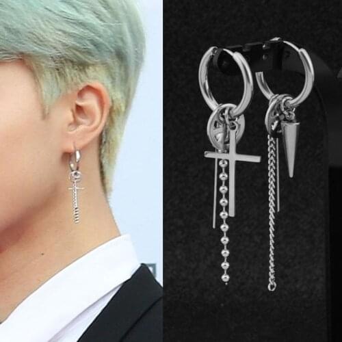 Boy Korean Punk Stainless Steel Cross Hoop Earring For Men Long Chain Tassel Leaf Moon Rock Hip Hop Piercing Stud Jewelry 1 PC