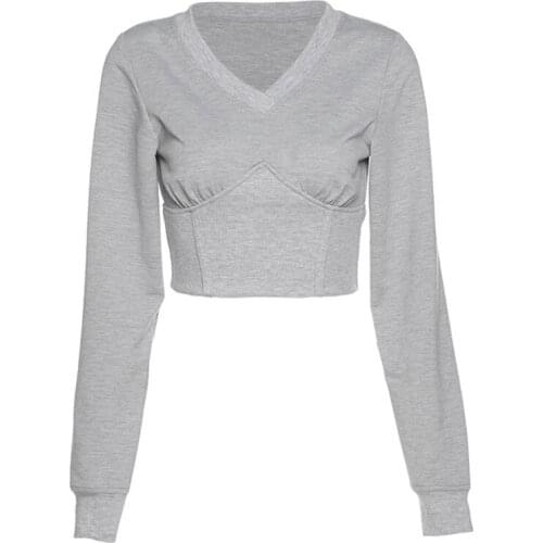 Spring Autumn Womens Sexy V-neck Sweatshirt, Girls Solid Color Long-sleeved Top, Tight High Waist T Shirts