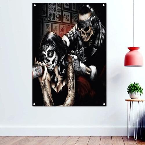 Skull Tattoo Artist Poster Macabre Art Print Banner Wall Painting Skeleton Flags Terrible Demon Tapestry Sticker Home Decoration