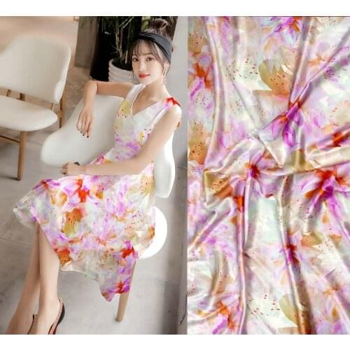 Telas Quality Pink Flowers Prints 97% Mulberry Silk Fabric Stretch Satin Tissu Summer Haute Couture Fabrics Tissus Au Metre