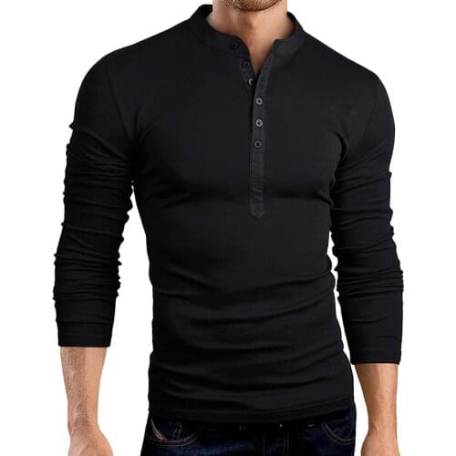Spring Autumn Mens Slim Fit V Neck Button Long Sleeve Muscle Tee T-shirt Casual Tops Henley Shirts Hot Sales
