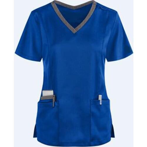 Women Nursing Scrubs Blouse Casual Short Sleeve Scrubs Working Uniforms Nurse Solid Color Top Tshirt V-neck Pocket Women Clothes