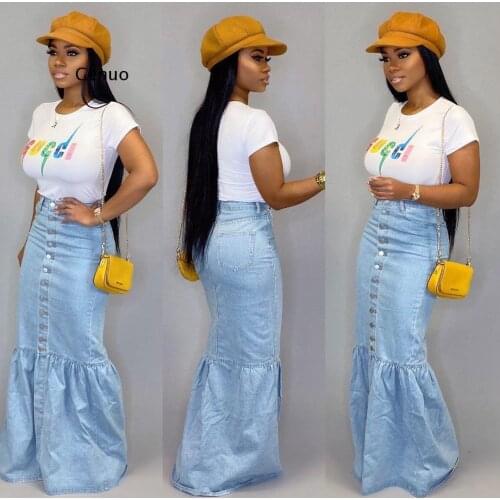 Casual High Waist Long Denim Skirt Women Elegant Front Button Maxi Jean Skirt Fashion Ladies Light Blue Ruched Skirt