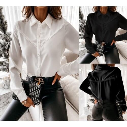 2021 spring new shirt women fashion pure color lace single breasted lapel shirt woman white black