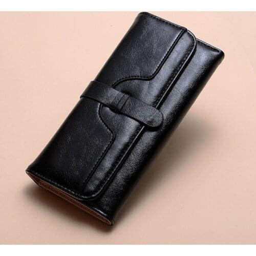 Women Long Wallet Fashion Vintage Oil Wax Leather Money Purse Fold Hasp Phone Bag Ladies Clutch Card Holder Retro Womens Wallet