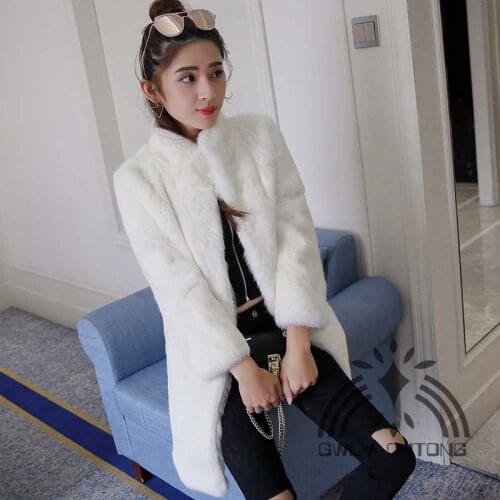 Real genuine natural full pelt whole skin rabbit fur coat women fashion stand collar jacket ladies overcoat outwear