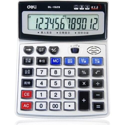 1 Piece Authentic Deli 1529 Crystal big button computer voice calculator 12 digits big screen with Clock