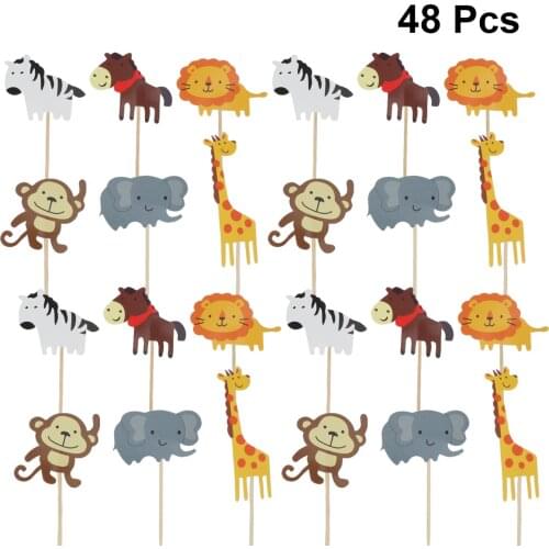 48pcs Cute Animal Cake Topper Inserts Elephant Giraffe Cupcake Toppers Paper Lion Cake Decorating Topper Birthday Party Favors