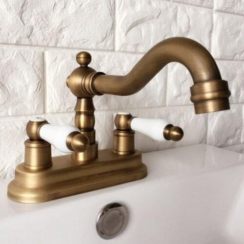Antique Brass 4" Centerset Bathroom Sink Faucet Swivel Basin Mixer Tap Dual Ceramic Handles Levers man062