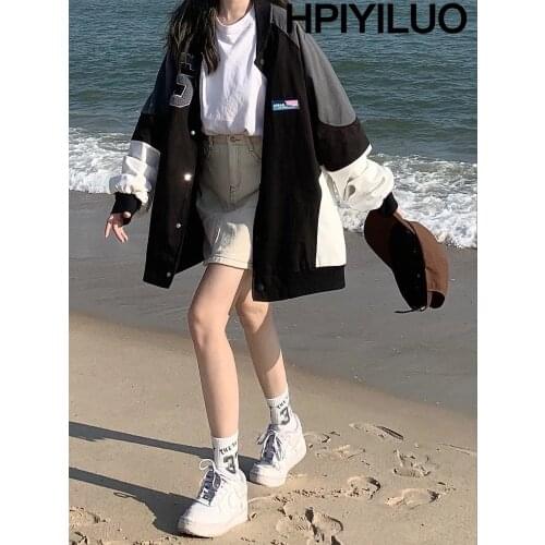 HPIYILUO Harajuku stitch baseball jacket couple oversized embroidery coat 2021 new Korean fashion high street style jacket
