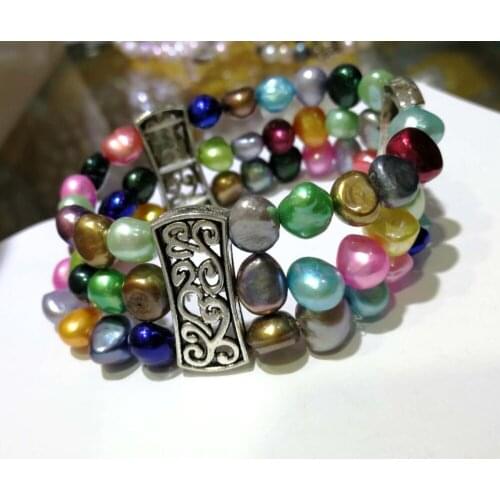 Wedding Woman 3 Rows Baroque Bracelet Colorful mixed pearl Natural Freshwater Pearl Handmade Jewelry Elastic rope