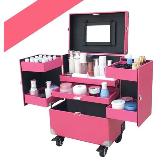 Aluminum Roll Makeup Storage Case Cosmetic Train Box Trolley Lockable Black/Pink 37x24.5x48cm