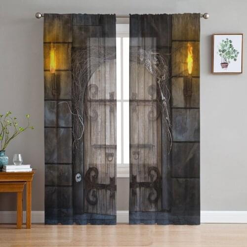 Wooden Door Castle Rattan Gauze Curtains For Childrens Bedroom Kitchen Screen For Living Room Holiday Decor Voile Curtain