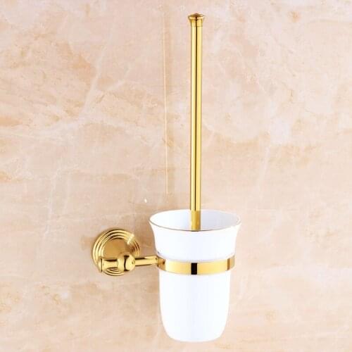 Toilet Brush Holder Wall Mounted Copper Brush Rack Ceramic/Glass Cup Lavatory Brush Holder golden Bathroom Cleaning Tools Set