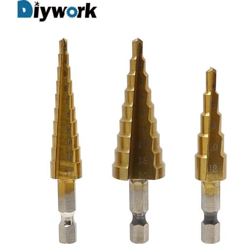 DIYWORK Step Drill Titanium Plating High Speed Steel Wood Metal Drilling Pratical Hand Tools Set 3-12mm 4-12mm 4-20mm