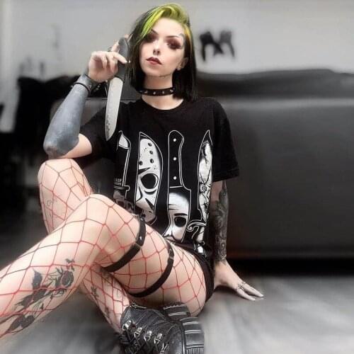 Punk Style Women Summer Black Oversized T Shirt Top O neck Horrible Face Print Short Sleeve Gothic Clothes