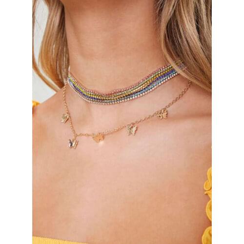 HaHaGirl New Shiny Multicolor Rhinestone Choker Necklace For Women Vintage Gold Color Butterfly Chain Chokers Necklace Jewelry