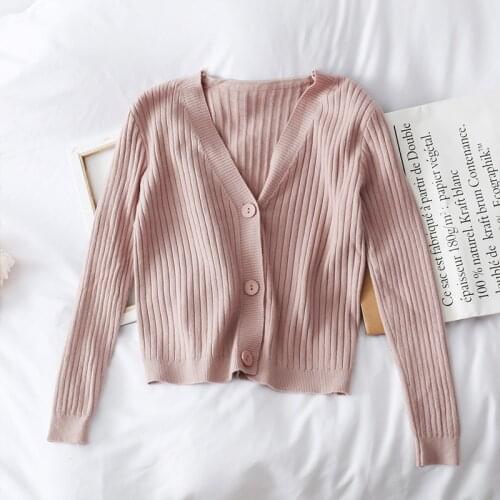 Abrini Women 2021 Fashion Autumn Cardigan Solid Plain Cardigan V-Neck Long Sleeve Preppy Style Sweater Women Buttoned Up Sweater