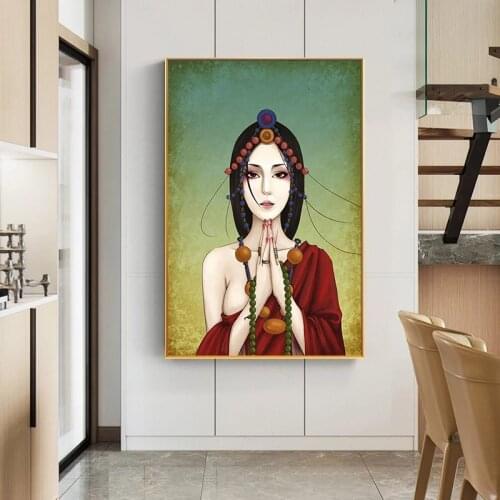 Cartoon Buddha Girl Canvas Painting Buddhist Religious Posters and Prints Wall Art Pictures for Living Room Home Decor Cuadros