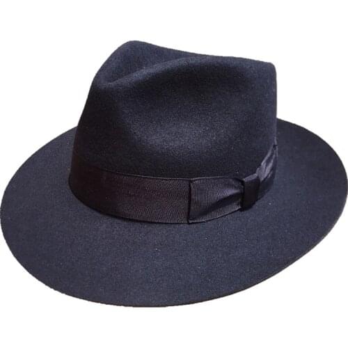 Classic Deep Blue Wool Mens Fur Felt Fedora Hat Gangsters Hipsters