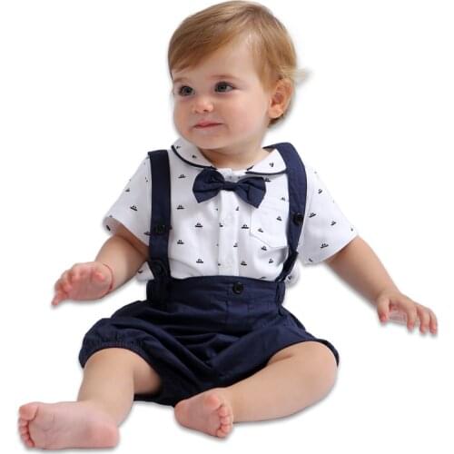 Baby Boys Gentleman Outfits Suits, Infant Short Sleeve Shirt+Bib Pants+Bow Tie Overalls Clothes Set