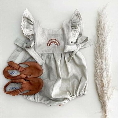 Summer Newborn Baby Girls Romper Lace Ruffles Sleeve Embroidery Rainbow Bowknot Solid Color Casual Soft Romper Jumpsuits Clothes