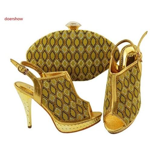 Doershow gold Shoe and Bag Set Wedges Heel Italian Shoe With Matching Bag top Quality Italy Shoe And Bag Set!SWD1-13