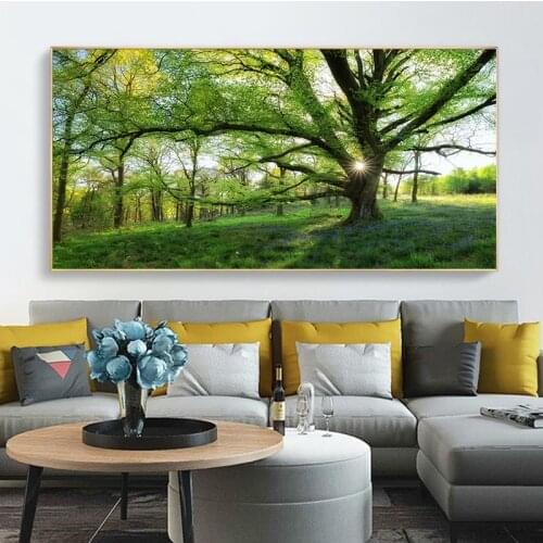 Landscape Sun Green Pink Forest Trees Leaf Canvas Painting Modern Pictures for Cuadros Living Room Home Wall Art Decor No Frame