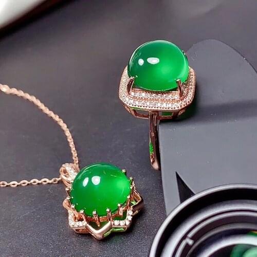 S925 Silver Natural Green Chalcedony Jewelry Sets Ring and Pendant For Women Party Romantic Fine Jewelry Top Quality Best Gifts