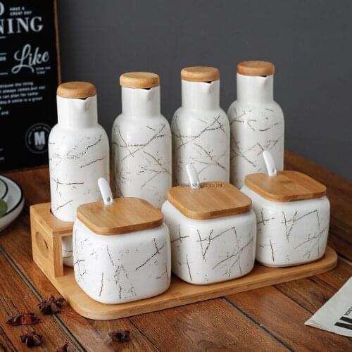 Kitchenware Storage Jar Spice Storage Rack Oil and Vinegar Bottle Combination Set Ceramic Seasoning Jar with Storage Shelf