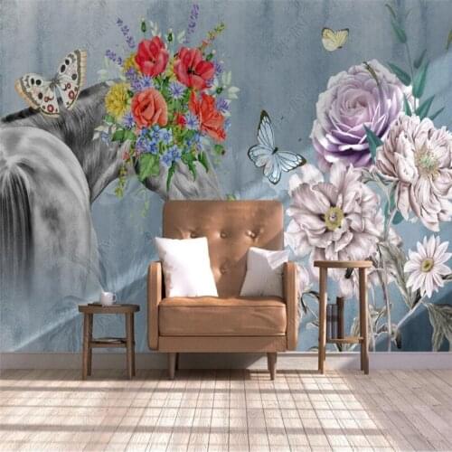 Custom Modern Art Hand-painted Floral Horse Flower 3D Wall Paper Living Room Home Decor Mural Bedroom Self-adhesive Wallpaper