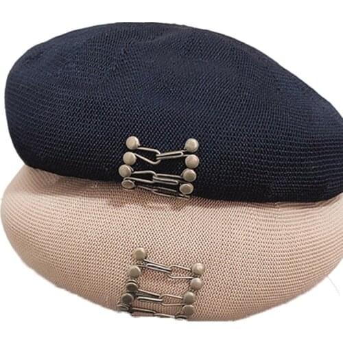 Spring Summer Thin Breathable Linen Black Hand Nailed Metal Button Beret Bonnets For Women Designer Painter Cap Mushroom Hats