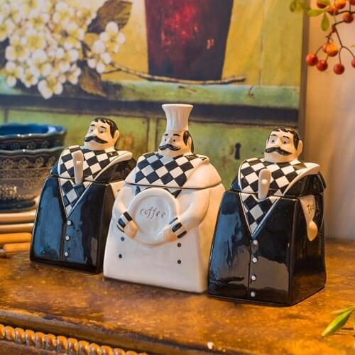 Funny European Ceramic Cartoon Chef Seasoning Jar Salt Sugar Bean Candy Cans MSG Jar with Lid Oil Bottle Kitchen Accessories