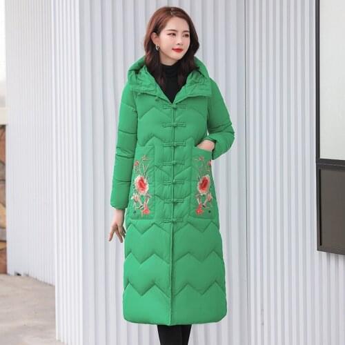 Fashion Ethnic Embroidered Down cotton Jacket Women Warm Loose Long Overcoat Windproof Hooded Parkas Thick Cotton Cheongsam Coat